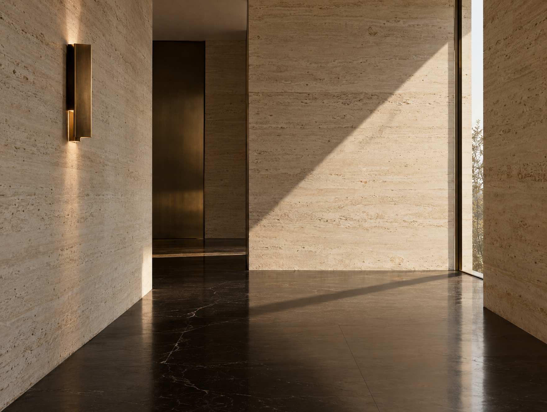 A quiet travertine-walled corridor lit by a single bronze wall sconce and a shaft of natural light