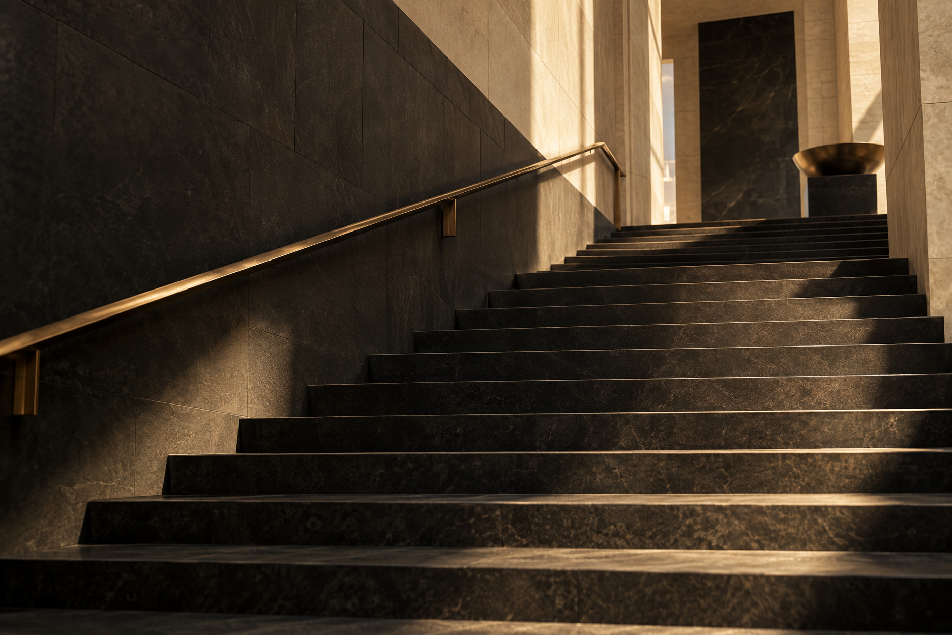 A dark stone staircase rising toward a sunlit landing, lined with a brushed bronze handrail