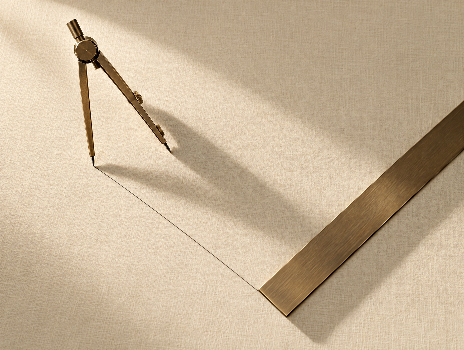 A brushed bronze drafting compass and straightedge resting on warm linen, with a single precise pencil line between them
